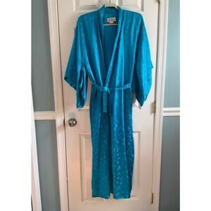 Vintage Cathay Silk Robe Teal Floral Jacquard Belted Hong Kong